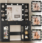 Wodeer Makeup Vanity Desk with Mirror and Lights, Black Vanity with Glass Top, LED Lights & Power Outlet, 3 Drawers & 2 RGB Glass Cabinets, Adjustable Lighted Dressing Table for Women & Girls Bedroom
