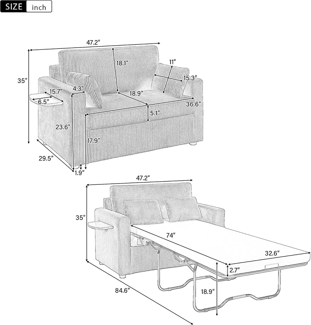 Twin Size Sofa Bed 47.2" Sleeper Sofa Loveseat Sofa with a Foldable Mattress, a Foldable Side Table, a Side Storage Pocket and Two USB Ports for Living Room, Green