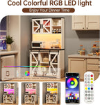 71" Tall Farmhouse Pantry Storage Cabinet With LED Lights and Charging Station, Adjustable Shelves, Sliding Doors, Kitchen Cupboard, White