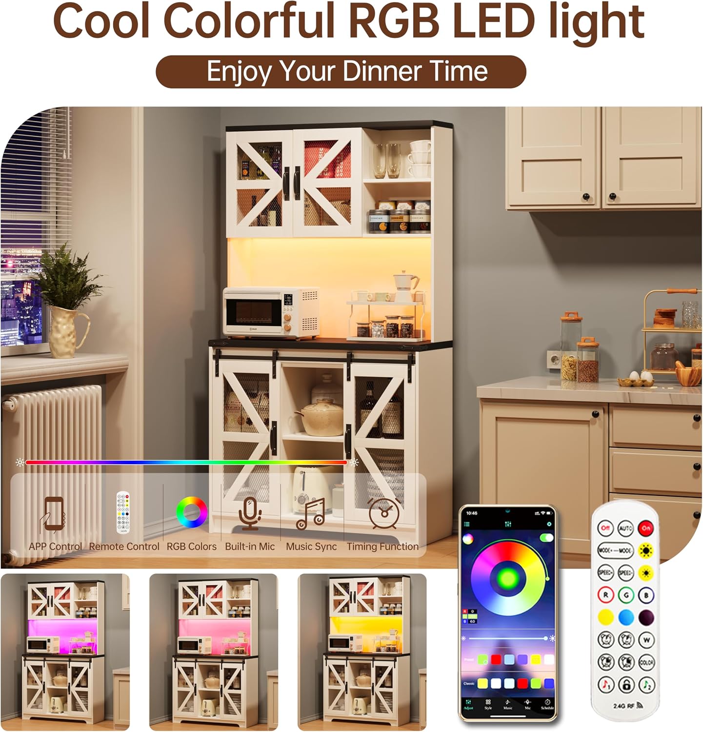 71" Tall Farmhouse Pantry Storage Cabinet With LED Lights and Charging Station, Adjustable Shelves, Sliding Doors, Kitchen Cupboard, White