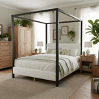 LUMISOL Queen Size Metal Canopy Bed with Upholstered Headboard, Modern Black Four Poster Bed Frame, Heavy Duty Canopy Platform Bedframe with Wood Slat Support & White Boucle Upholstery Fabric