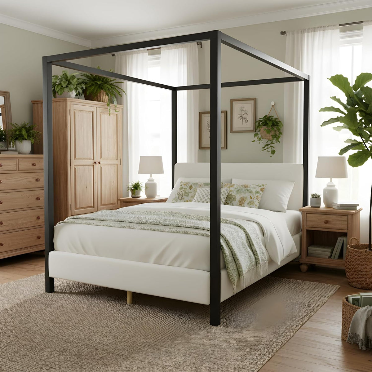LUMISOL Queen Size Metal Canopy Bed with Upholstered Headboard, Modern Black Four Poster Bed Frame, Heavy Duty Canopy Platform Bedframe with Wood Slat Support & White Boucle Upholstery Fabric
