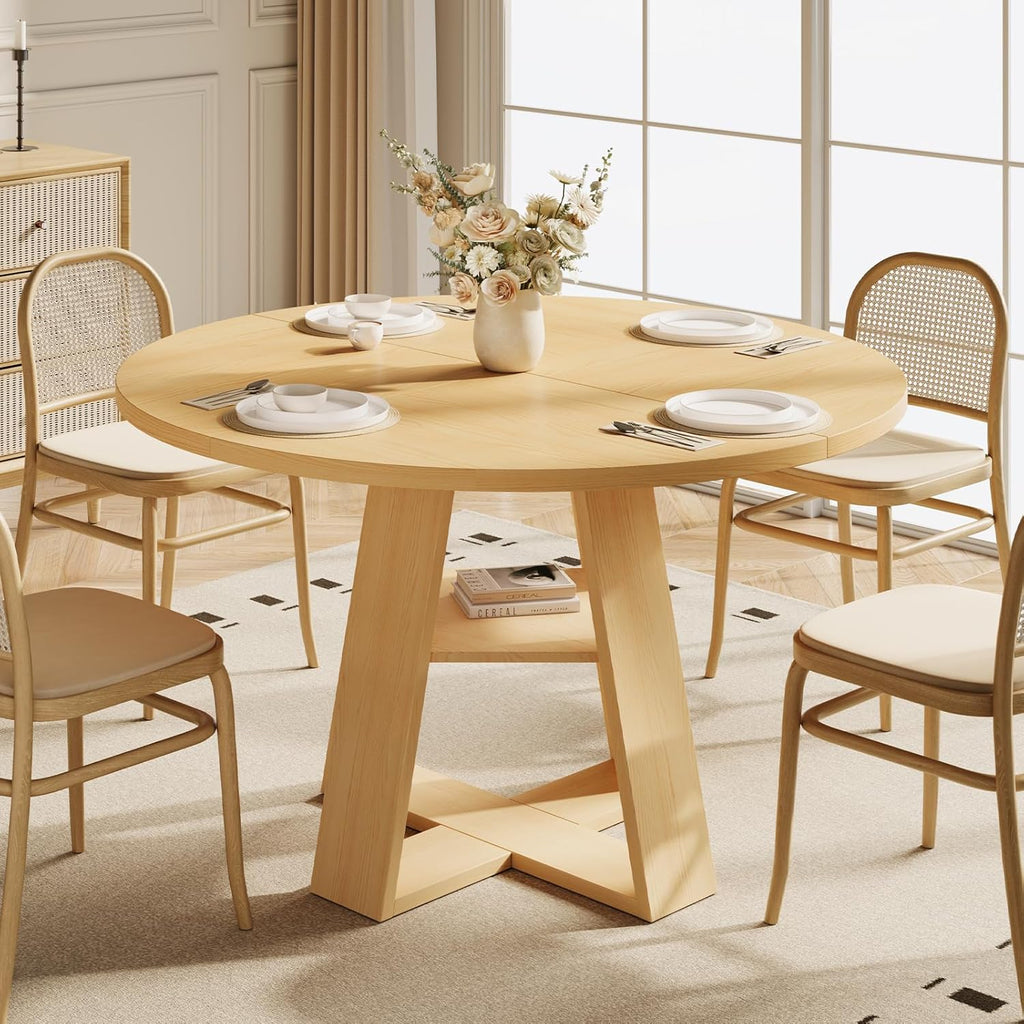 47.2" Round Dining Table for 4-6, Circle Kitchen Table with Open Storage Shelf, Farmhouse Dinner Table with Cross Pedestal Base for Dining Room, Kitchen, Living Room, Burlywood