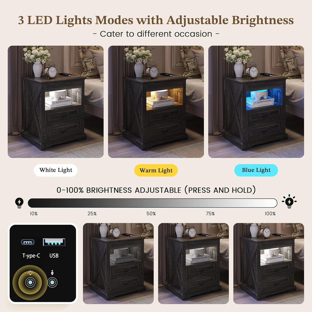 Nightstand Set 2 with Gun Drawer, Farmhouse Night Stand with LED Lights and Human Sensor, Bedside Table with Open Shelf, End Table with Storage Drawers for Bedroom, Rustic Borwn