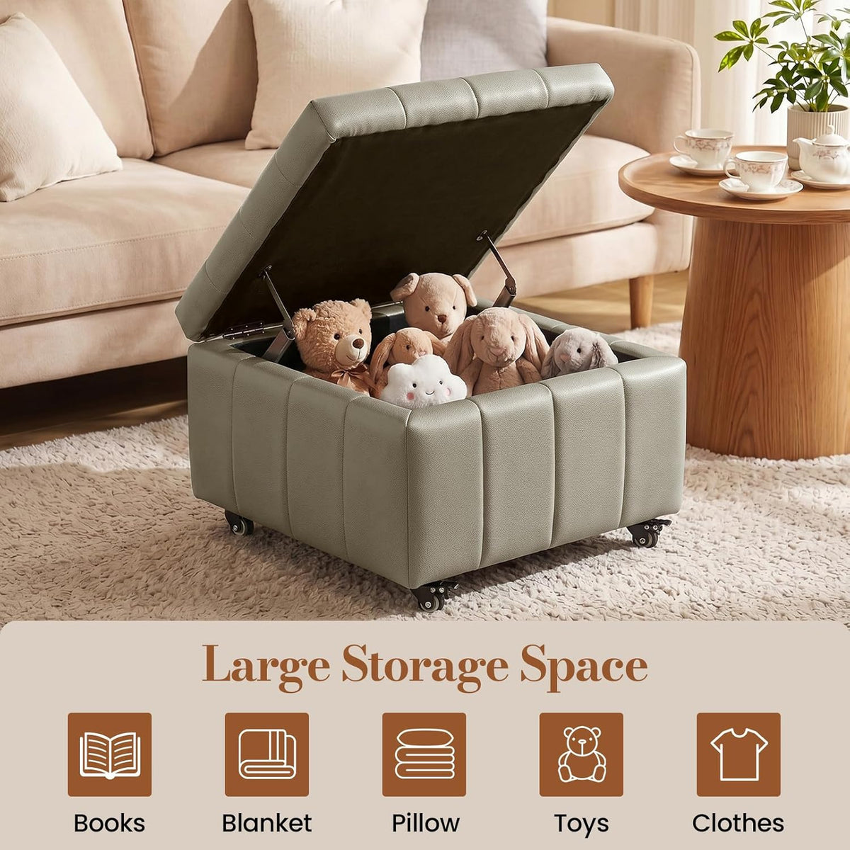 Square Leather Ottoman with Storage and Wheels,360°Rolling ottoman,Faux Leather Flip Top Storage Footstool Coffee Table, Rolling Upholstered Storage Ottoman for Living Room Entryway (Modern Grey)