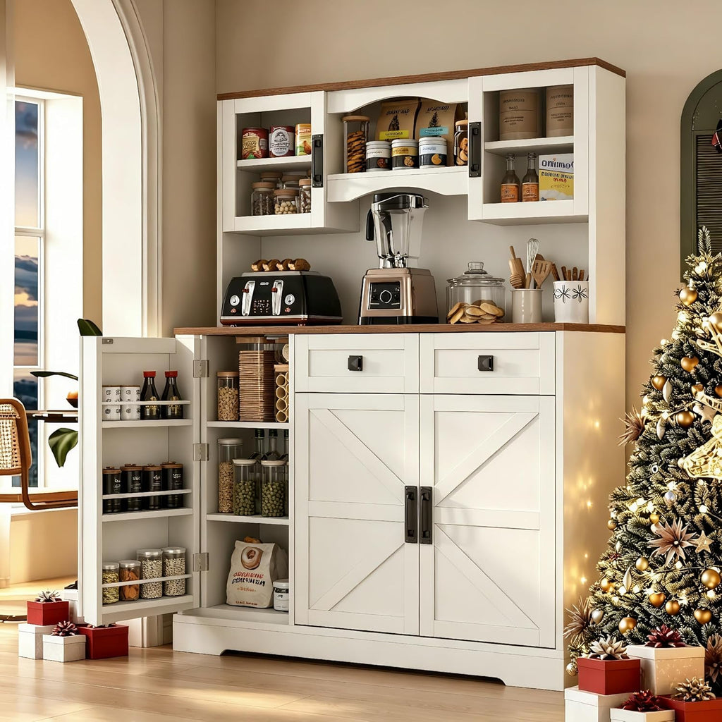 Loomie 60" Tall Farmhouse Pantry Cabinet, Kitchen Hutch with 2 Drawers, Kitchen Pantry Storage Cabinet with Adjustable Shelf and Microwave Stand, Food Pantry Cabinet for Living Room, Kitchen (White)