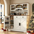 Loomie 60" Tall Farmhouse Pantry Cabinet, Kitchen Hutch with 2 Drawers, Kitchen Pantry Storage Cabinet with Adjustable Shelf and Microwave Stand, Food Pantry Cabinet for Living Room, Kitchen (White)