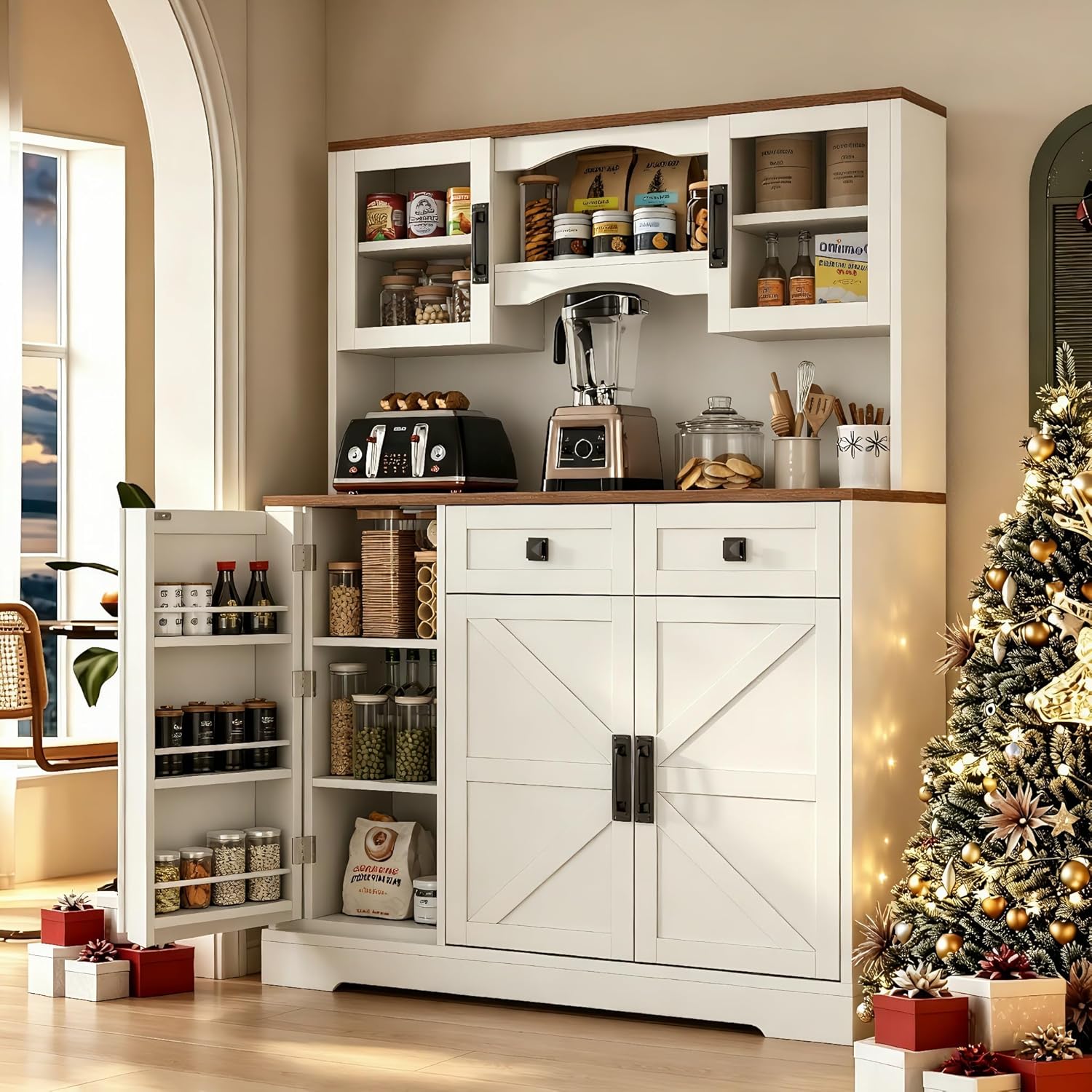 Loomie 60" Tall Farmhouse Pantry Cabinet, Kitchen Hutch with 2 Drawers, Kitchen Pantry Storage Cabinet with Adjustable Shelf and Microwave Stand, Food Pantry Cabinet for Living Room, Kitchen (White)