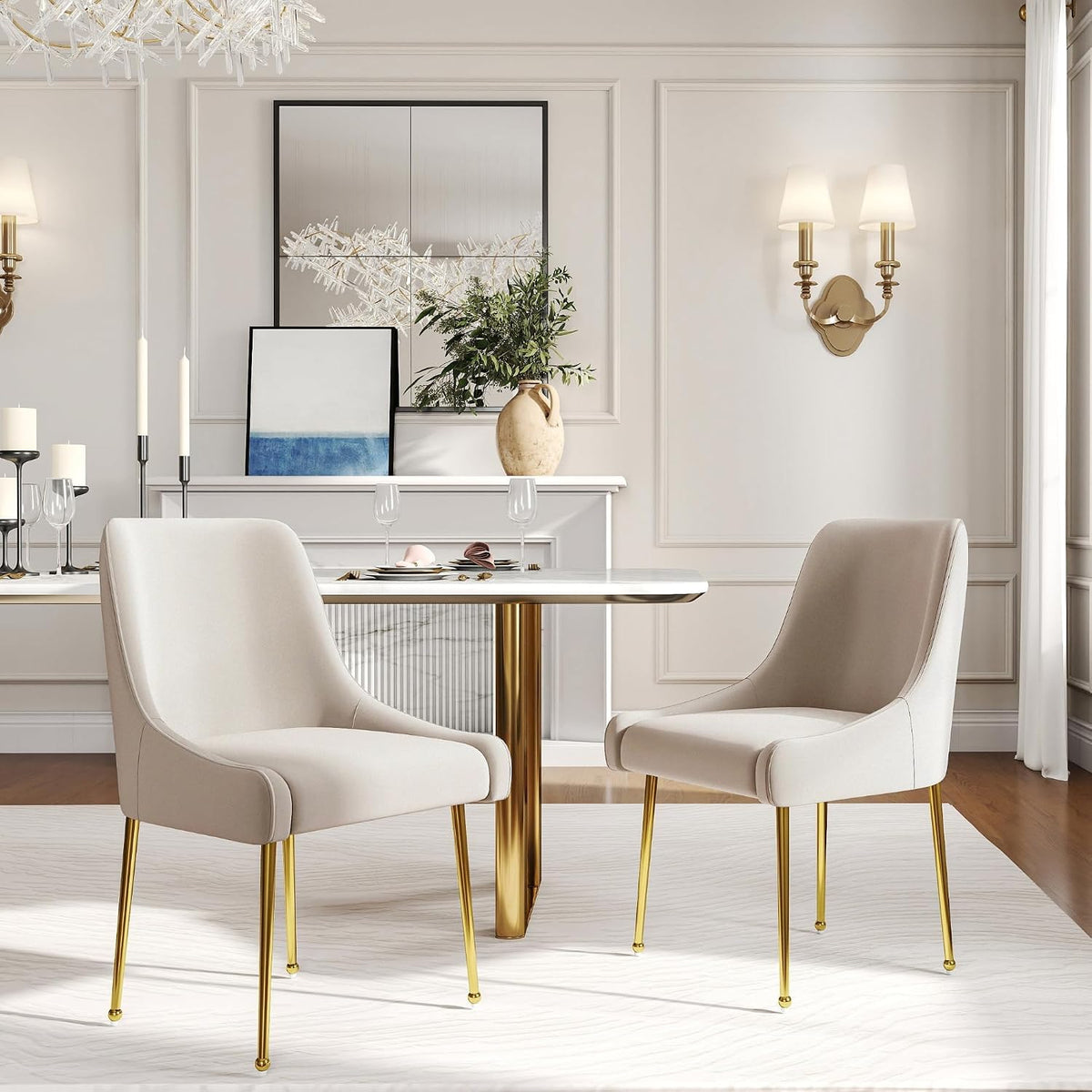 Hyfirm Modern White Dining Room Chairs Set of 2, Upholstered Velvet Dining Chair with Gold Metal Legs Accent Side Chairs for Living Room Kitchen