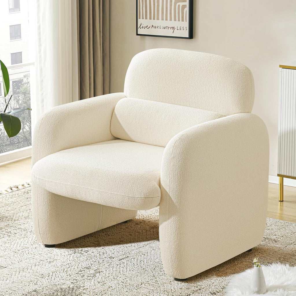 Furniliving 30.5" Chenille Accent Chair, Modern Upholstered Armchair with Solid Wood Legs, Comfy Reading Chair for Living Room Bedroom, Wide Single Sofa Chair（White，Set of 1）