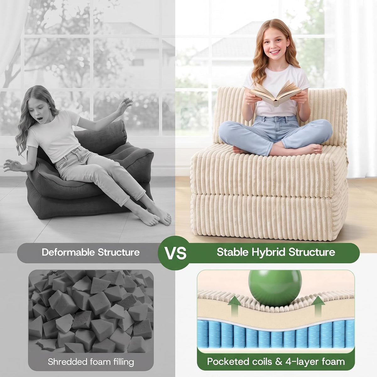 Convertible 4-in-1 Folding Sofa Bed Sleeper Chair, Single Beige | MEGAYES Foldable Chaise Couch Lounger & Mattress Pocket Coil+Foam Fill Medium Support, No Assembly for Living Room/Bedroom