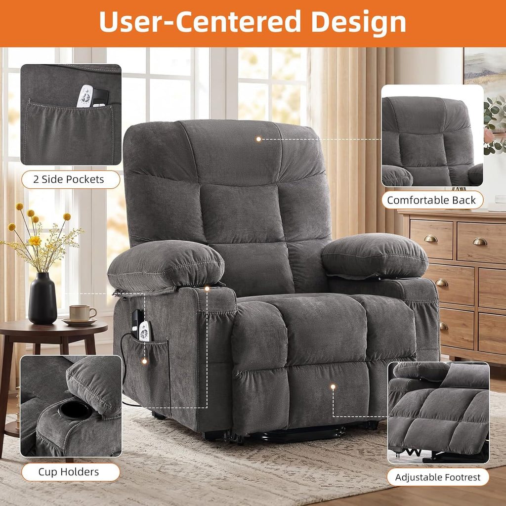 Power Lift Recliner Chair for Elderly,8-Point Vibration Massage & Heat,Electric Lift Chair with Two Cup Holders,4 Side Pockets,Extended Footrest for Living Room