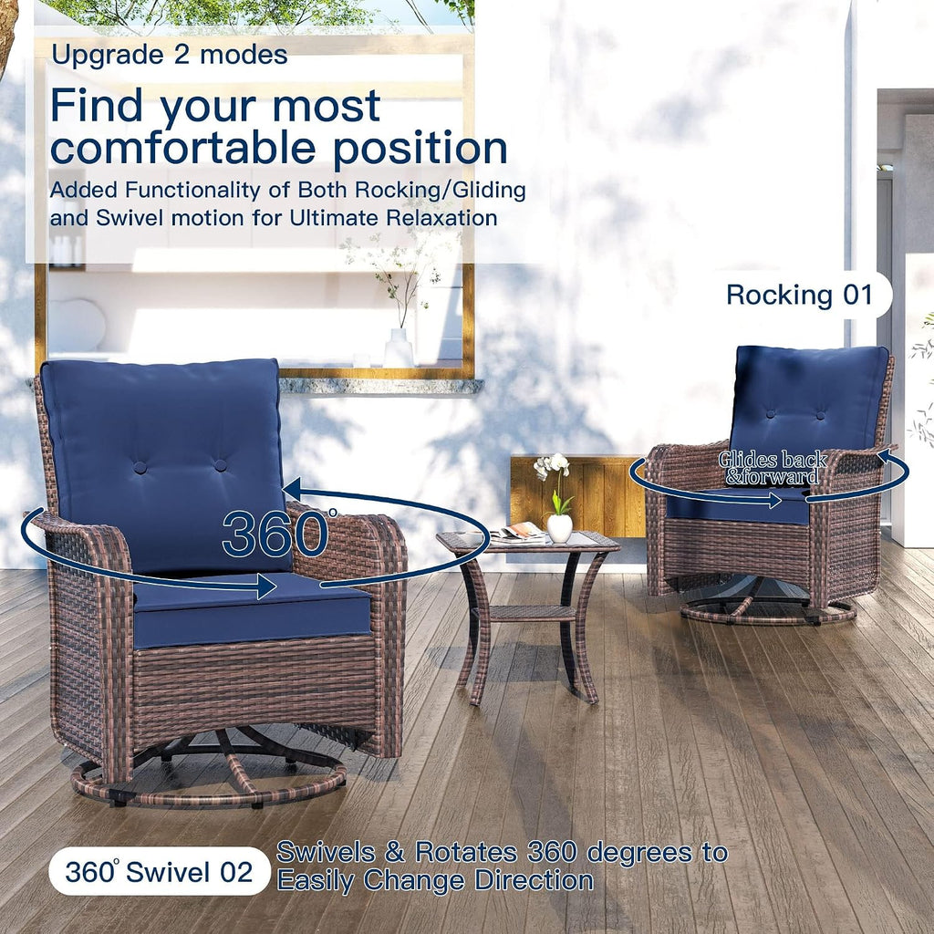 Kullavik 5 Pieces Outdoor Swivel Chairs Set,Patio Wicker Rocker Chairs with 4" Thick Cushions,Side Table and Ottomans,Patio Conversation Furniture Set for Patio Porch Deck Backyard,NavyBlue