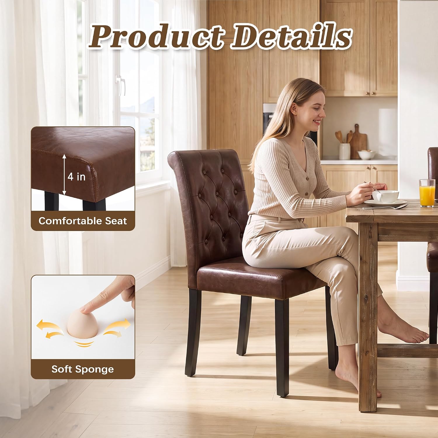 LSSPAID Dining Chairs Set of 6, Modern Armless Parsons Side Chairs, Upholstered Button-Tufted PU Leather Dining Kitchen Chairs with Solid Wood Legs, Brown