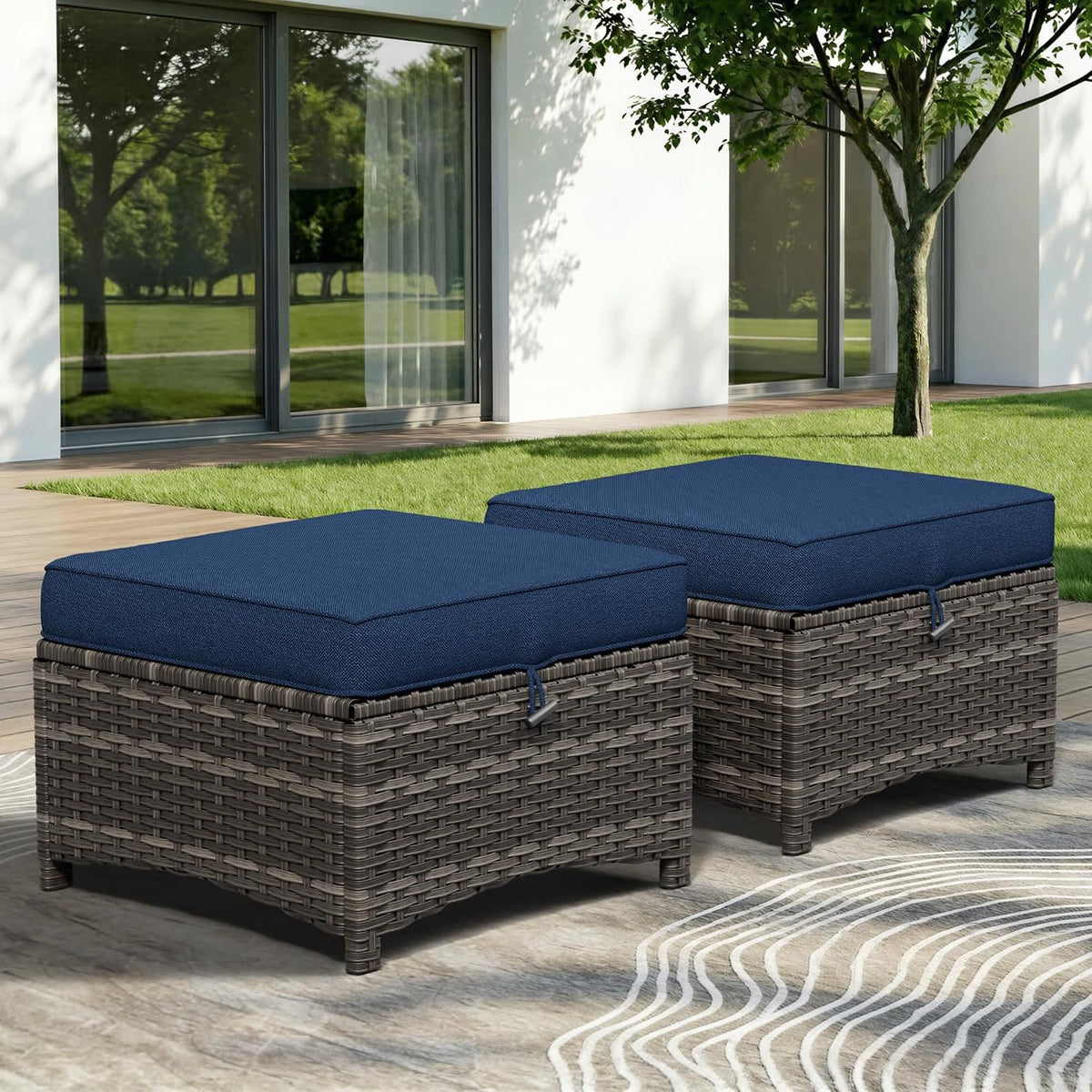 Patio Ottomans Set of 2, 22"x 22"x 18" Outdoor Wicker Footstool with Cushion, Blue, for Garden, Backyard, Deck, Porch, Balcony, Poolside