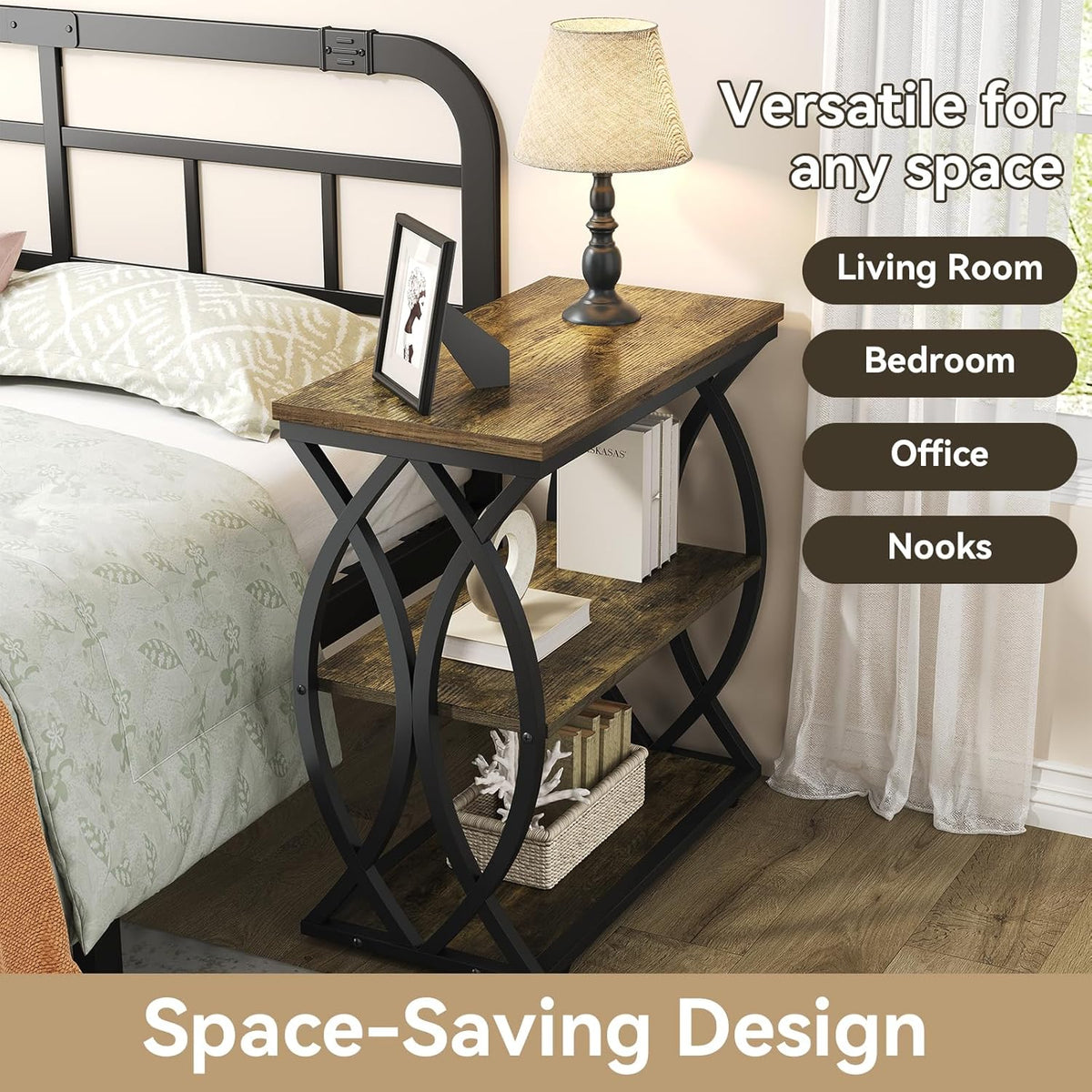 End Table, Narrow Side Table, 3-Tier End Table with Metal Frame, Living Room Side Table with Storage for Couch, Sofa, Bedroom, Small Spaces, Easy Assembly, 23.6"D*11.8"W*23.6"H, Rustic Brown