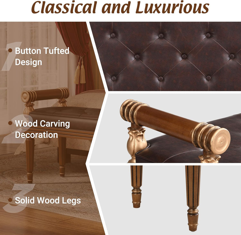 Christopher Knight Home Yae Luxurious PU Leather Upholstered End of Bed Ottoman, Wooden Living Room Ottoman Bench with Fluted Legs/Cylindrical Arm, Long Entryway Bench with Button Tufting, Brown