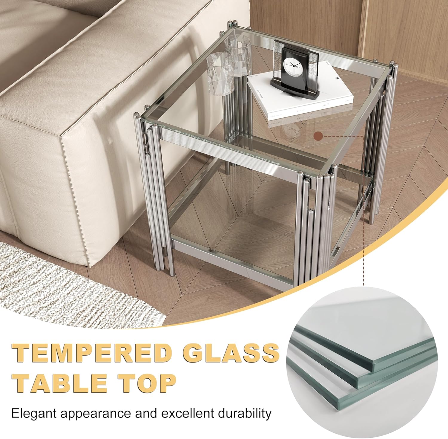 Square Glass End Table with Clear Tempered Glass Top & Silver Stainless Steel Legs, Modern 2-Tier Small Glass Side Table for Living Room, Home Office, Glass Accent Table Easy to Assemble