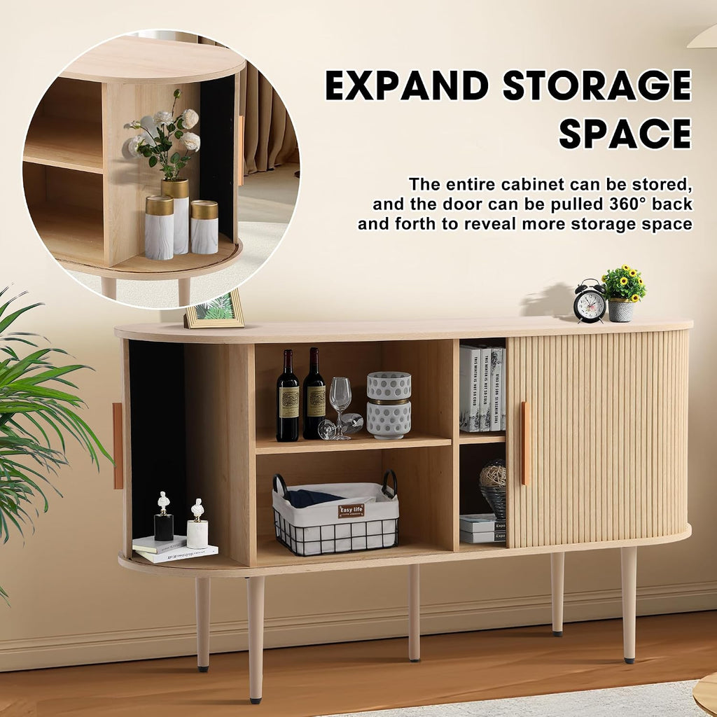 Grepatio 55" Sideboard Buffet Cabinet with Fluted Slide Doors, Tambour Storage Cabinet with Shelves, Modern Credenza Sideboard Buffet Console Cabinets for Living Room Hallway Entryway (Natural)
