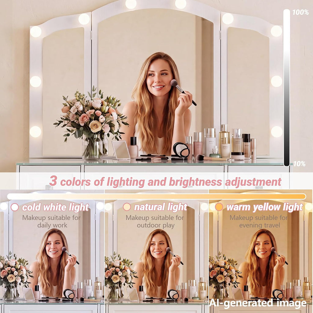 senlin Vintage Vanity with Lighted Mirror & Outlet (White) | Retro dressing table with 5 drawers and glass top. Third-fold lighted mirror for bedroom. Power outlet suitable for women.