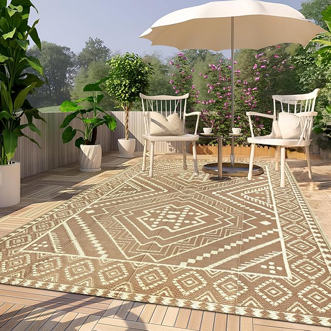 Waterproof Outdoor Rug 5x8 ft, Reversible Plastic Straw Mat, Large Floor Mat for Patio, Camping, Picnic, Backyard RV, Deck, Beige