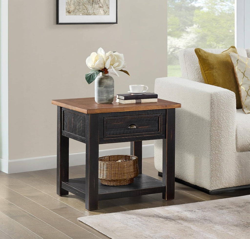 Monterey Farmhouse Rustic End Table, Solid Pine Wood Coastal Side Table with Drawer and Shelf. Black and Honey.