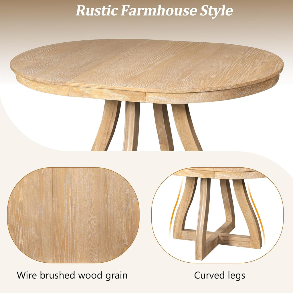 LUMISOL Extendable Round Dining Table for 4-6 People, Farmhouse Kitchen Table with 16” Middle Leaf and Curved Table Legs for Kitchen, Dining Room, Apartment, Natural Wood Wash