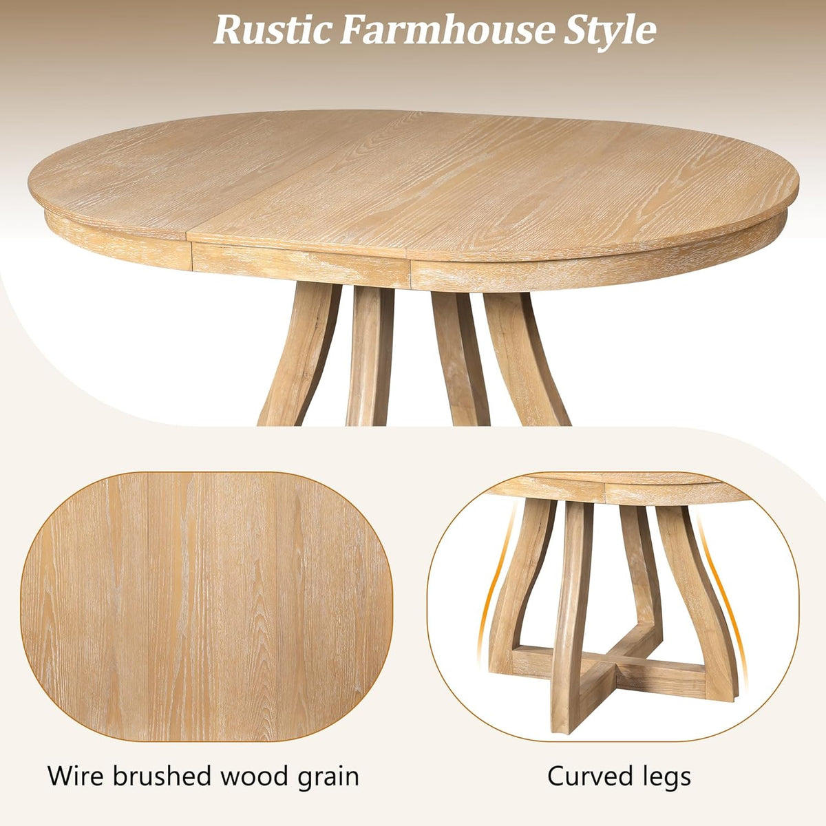 LUMISOL Extendable Round Dining Table for 4-6 People, Farmhouse Kitchen Table with 16” Middle Leaf and Curved Table Legs for Kitchen, Dining Room, Apartment, Natural Wood Wash