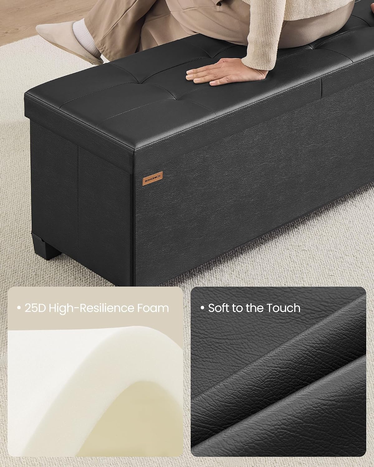 SONGMICS Storage Ottoman Bench with Legs, Flipping Lid, 43.3 Inches | Folding Ottoman Foot Rest, PU Leather, for Living Room, Bedroom, Entryway, Black, Mazie Collection ULSF085BH01