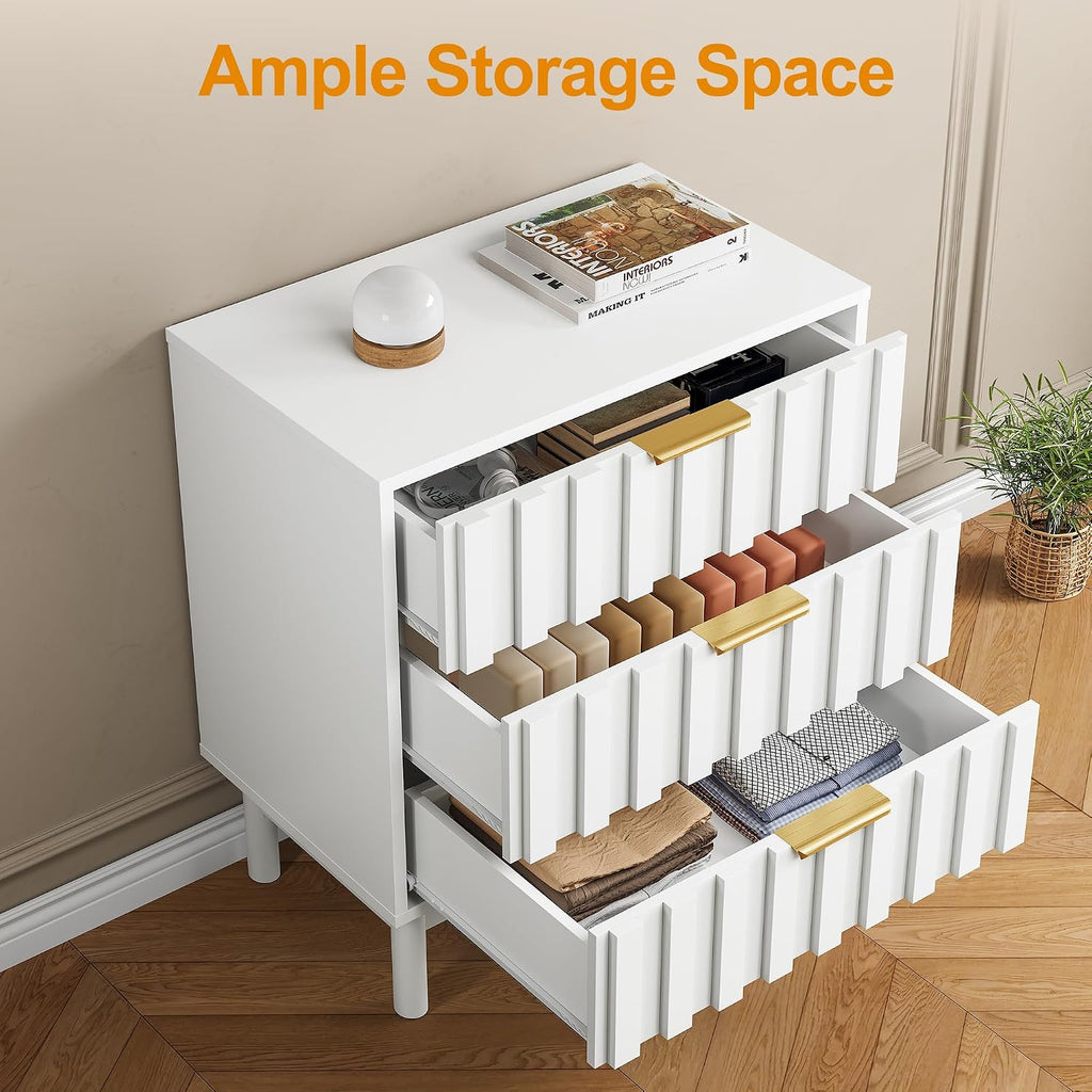 RoyalCraft 3 Drawer Nightstand, Modern Fluted Chest of Drawers, Wooden Storage Night Stand Side Table with Chic Edge Pull, Perfect for Bedroom, Living Room, Entryway, White