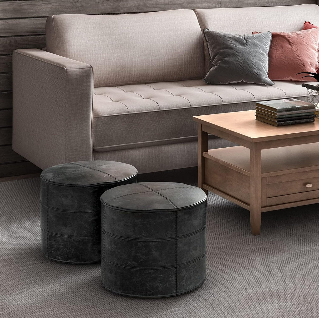 SIMPLIHOME Connor 18" Wide Round Pouf in Distressed Black Genuine Leather