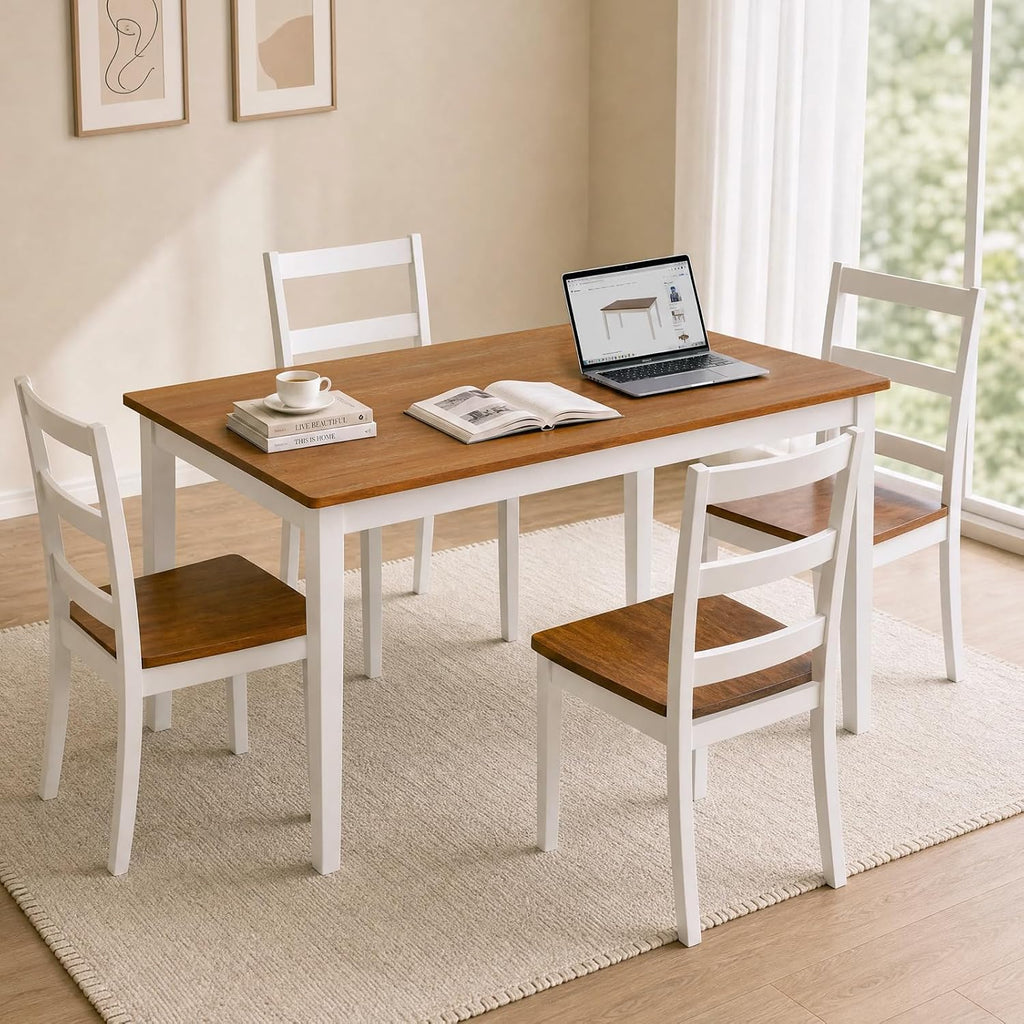 5-Piece Dining Table Set, Kitchen Table Chairs Set of 4, Space-Saving | Farmhouse Dining Table Set for 4, Kitchen Table and Chairs with for Dining Room, Small Kitchen, Apartment Dark Walnut White