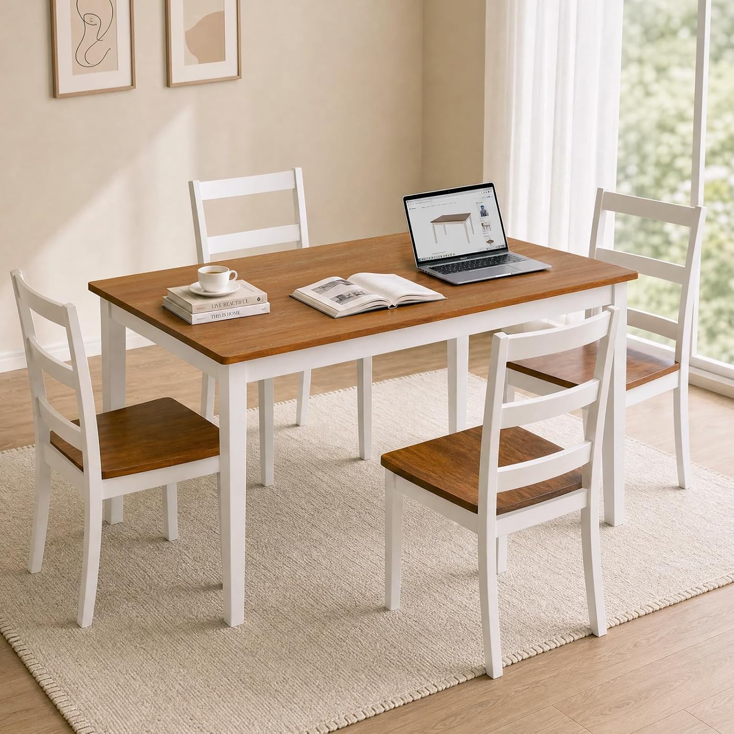 5-Piece Dining Table Set, Kitchen Table Chairs Set of 4, Space-Saving | Farmhouse Dining Table Set for 4, Kitchen Table and Chairs with for Dining Room, Small Kitchen, Apartment Dark Walnut White