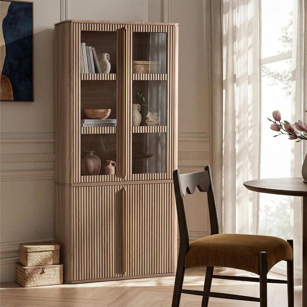 77" Tall Pantry Cabinets with Glass Doors, Fluted Storage Cabinet, Oak 1pc | Wooden Kitchen Food Cupboard, Adjustable Shelves, Modern Display Storage Closet for Living Room, Dining Room, Office