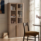 77" Tall Pantry Cabinets with Glass Doors, Fluted Storage Cabinet, Oak 1pc | Wooden Kitchen Food Cupboard, Adjustable Shelves, Modern Display Storage Closet for Living Room, Dining Room, Office