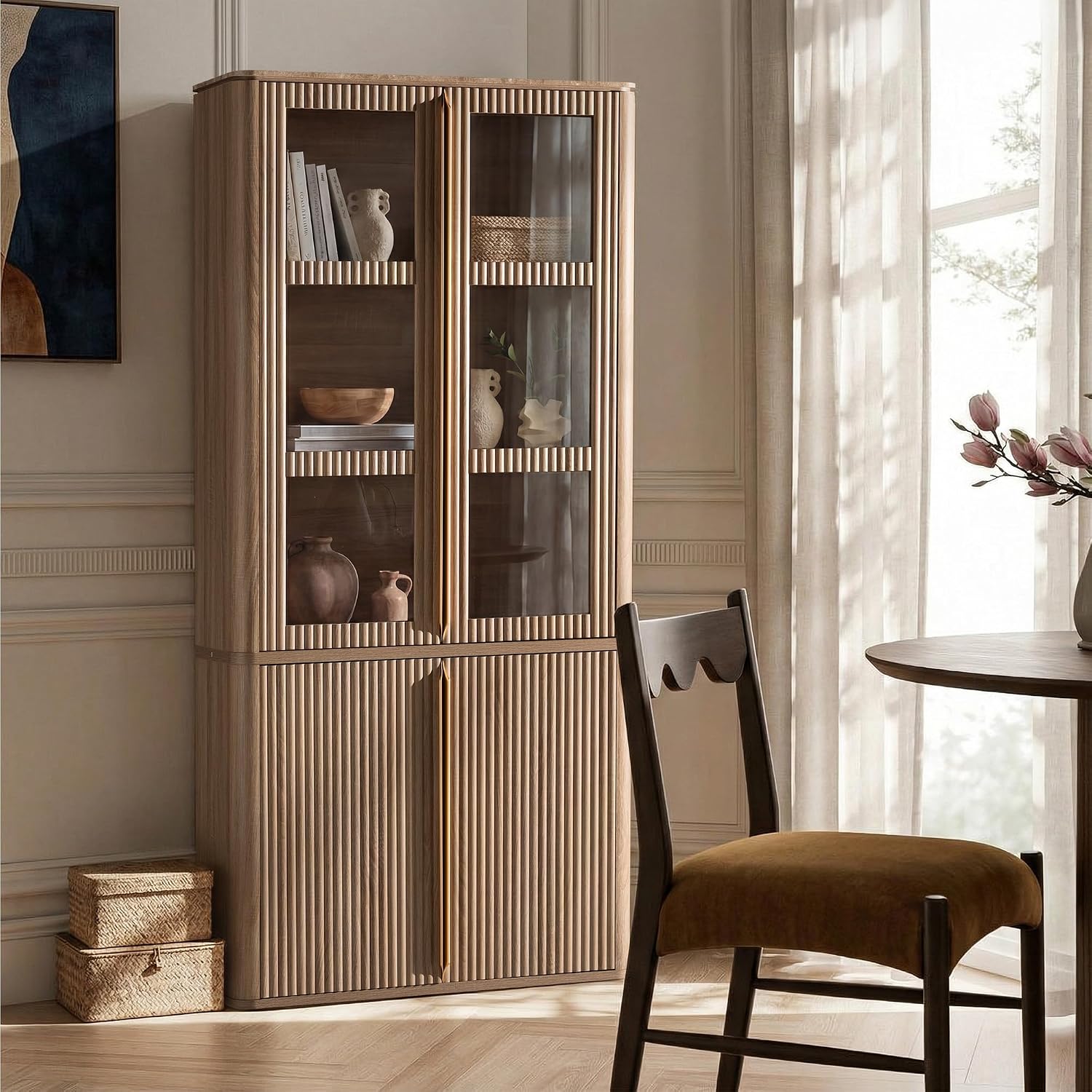 77" Tall Pantry Cabinets with Glass Doors, Fluted Storage Cabinet, Oak 1pc | Wooden Kitchen Food Cupboard, Adjustable Shelves, Modern Display Storage Closet for Living Room, Dining Room, Office