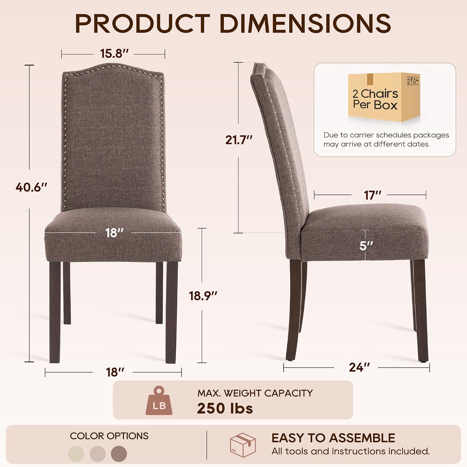 Upholstered Dining Chair Modern Stylish Kitchen Diner Fabric Set of 4 | Fabric Silver Nailhead Trim & Wood Legs, High Back, Living Room Restaurant Farmhouse Cafe, Mid Century Accent