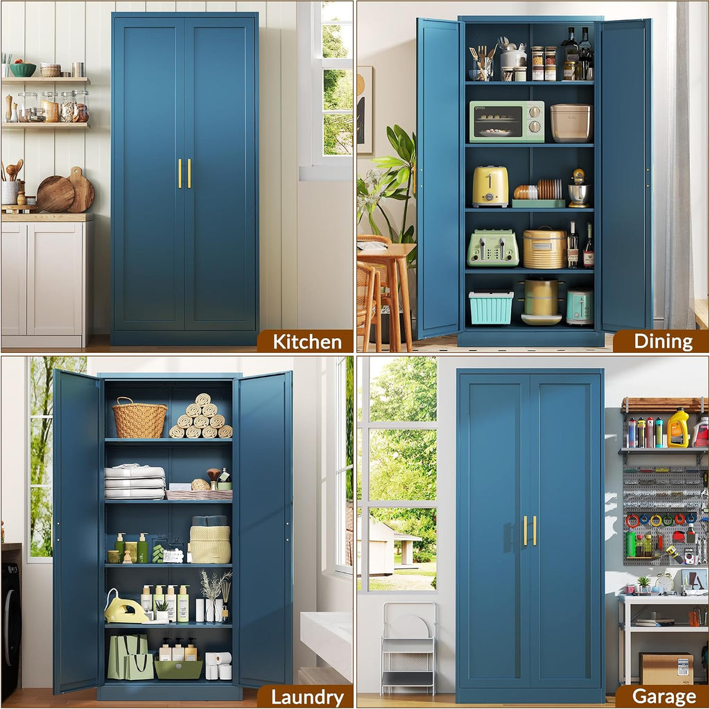 CJF Blue Kitchen Pantry Cabinet,71 Inch Tall Metal Storage Cabinet with 4 Adjustable Shelves and Doors, Freestanding Pantry Cabinet for Kitchen, Living Room, Dining Room, Bathroom, Easy to Assemble