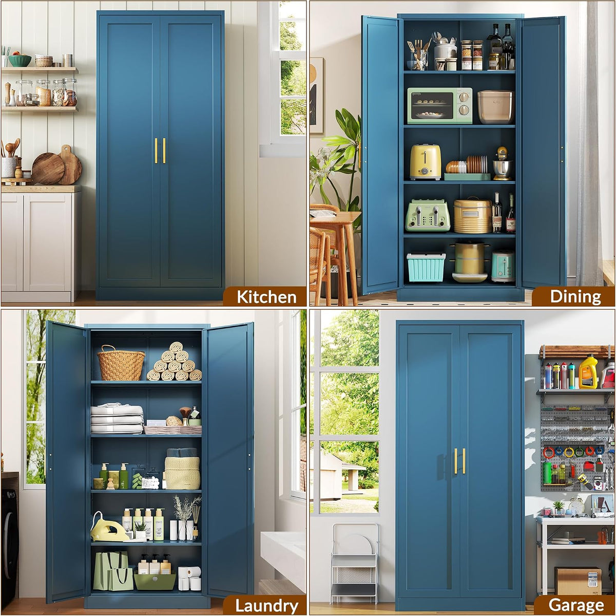CJF Blue Kitchen Pantry Cabinet,71 Inch Tall Metal Storage Cabinet with 4 Adjustable Shelves and Doors, Freestanding Pantry Cabinet for Kitchen, Living Room, Dining Room, Bathroom, Easy to Assemble
