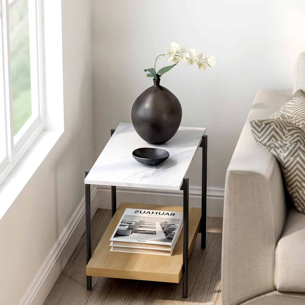 End Table with 2 Tier Wood Open Shelf, Rectangular Sofa Side Table with Metal Frame and Faux Marble, Bedside Nightstand for Bedroom Living Room Small Space, Natural Oak