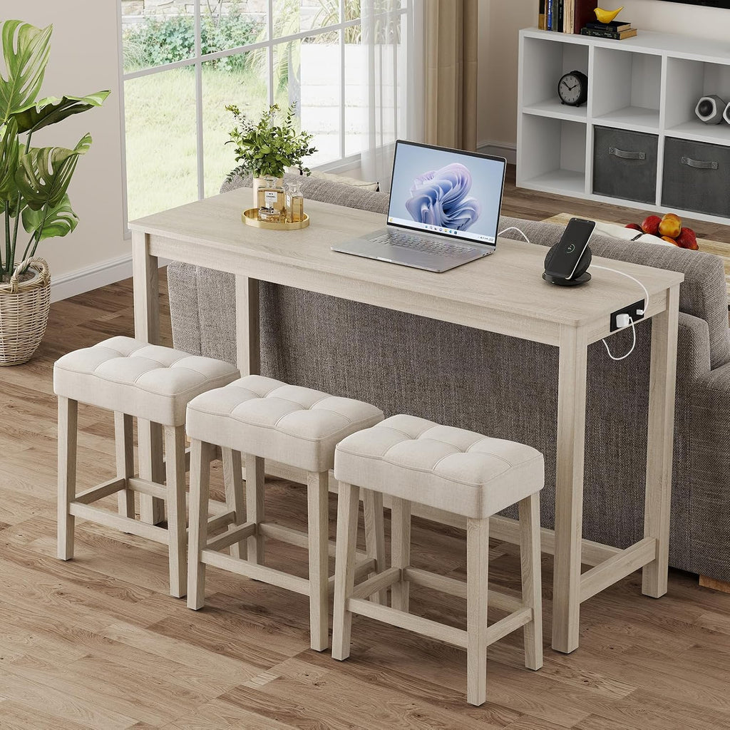 Giantex 4-Pieces Bar Table Set with Charging Station, 59-inches Dinner Tables with 3 Padded Stools, Adjustable Foot Pads, Space-Saving Dining Table Set for Dinette, Dining Room, Kitchen