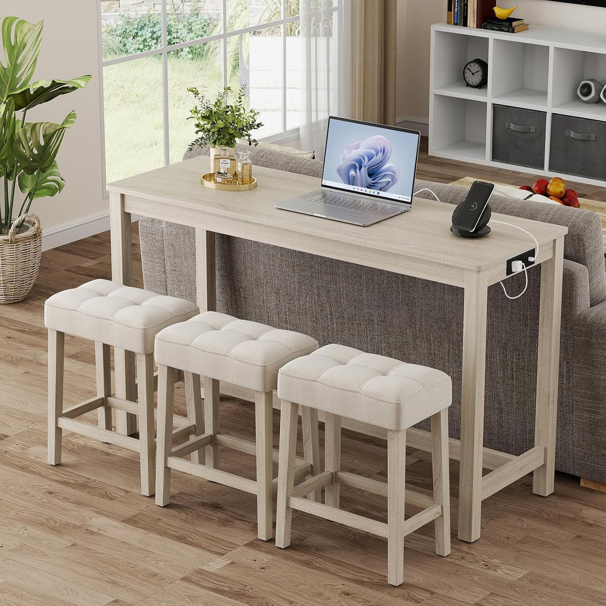 Giantex 4-Pieces Bar Table Set with Charging Station, 59-inches Dinner Tables with 3 Padded Stools, Adjustable Foot Pads, Space-Saving Dining Table Set for Dinette, Dining Room, Kitchen