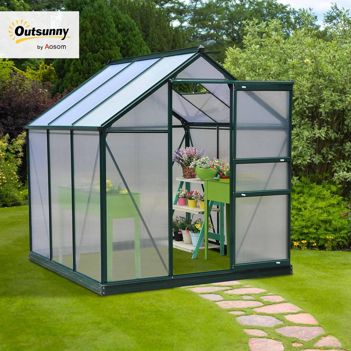 Outsunny 6' x 6' Greenhouse for Outdoors, Polycarbonate Greenhouse with Rain Gutter and Roof Vent, Aluminum Walk-in Green Houses for Outside for Patio Backyard Garden, Dark Green