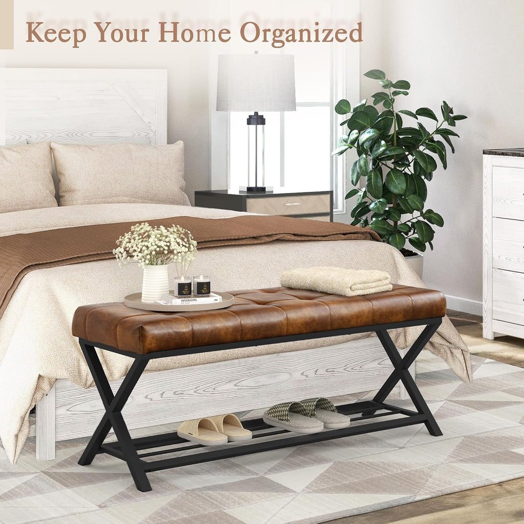 LUE BONA 44.5” End of Bed Bench with Shelf, Linen Tufted Upholstered Storage Shoe Bench, Modern Bedroom Bench with Metal Legs for Living Room, Entryway, Dining Room, 300 LB, Yellowish Brown