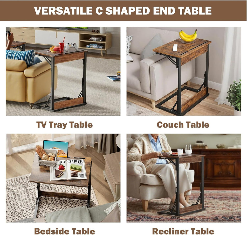 Folding TV Trays Set of 2 , Adjustable Height TV Trays for Eating on Couch | TV dinner tray table with tablet&phone slots,c shaped end table,laptop desk for sofa,bedside,recliner,dining,working,gaming