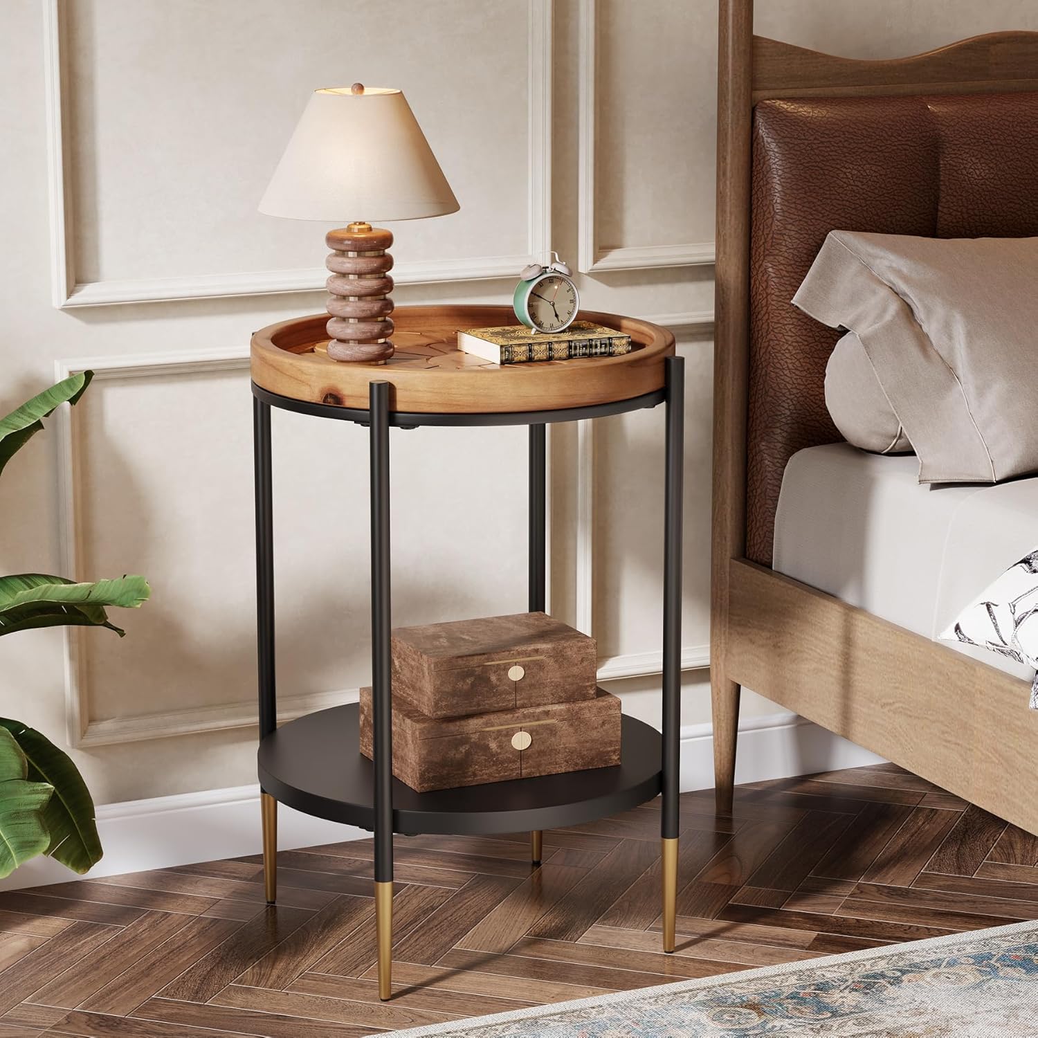 Tribesigns Round Side Table, 2-Tier End Table with Solid Wood and Metal, Industrial Nightstand for Small Spaces, Living Room, Bedroom, Study Room (Rustic Brown)