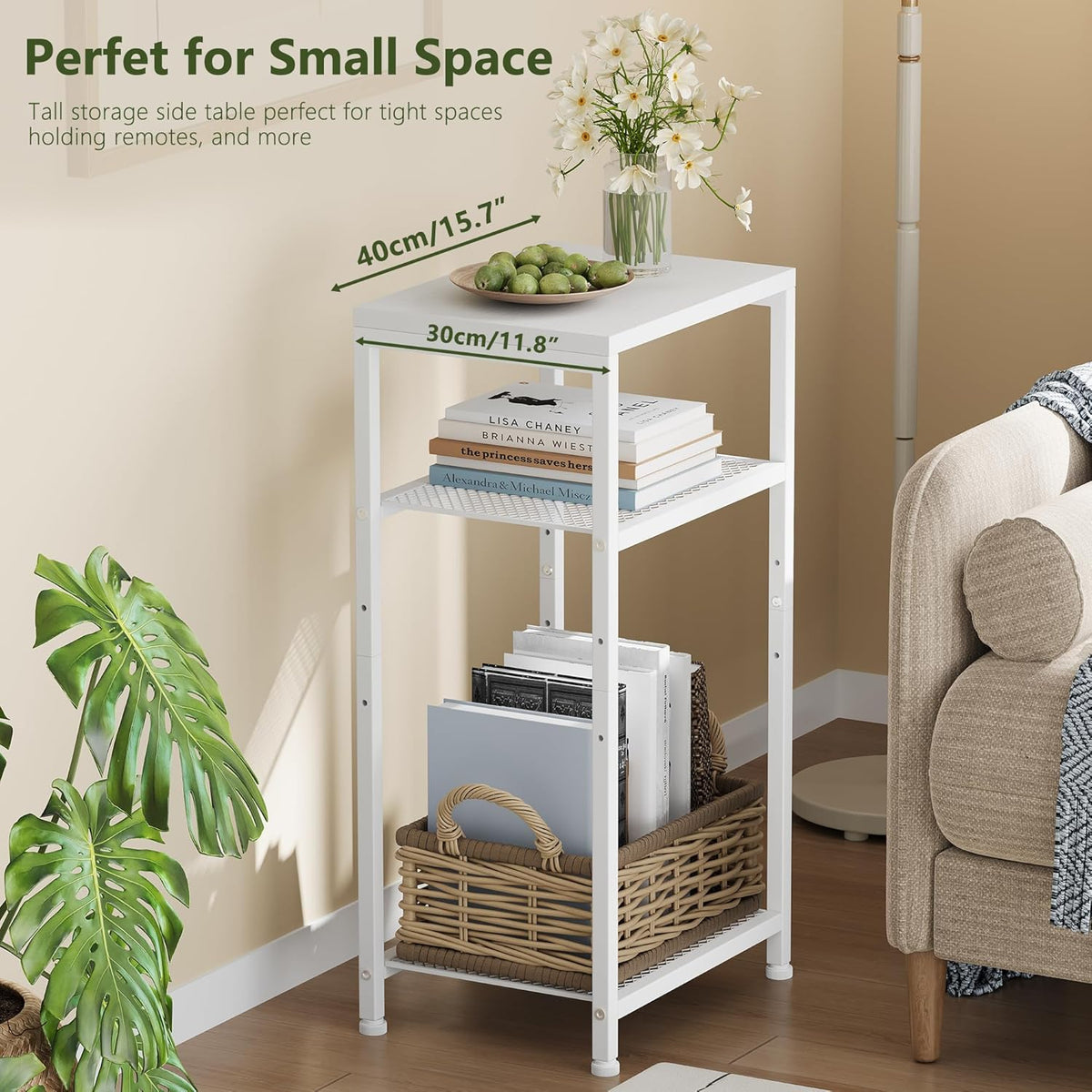 Heybly Small Side Table Set of 2, Tall End Table with Adjustable Shelf, Telephone Table, Nightstand, Accent Table Stand, Small Entryway Table, Bedroom,Living Room, Office,Bathroom, White, HET003WT2
