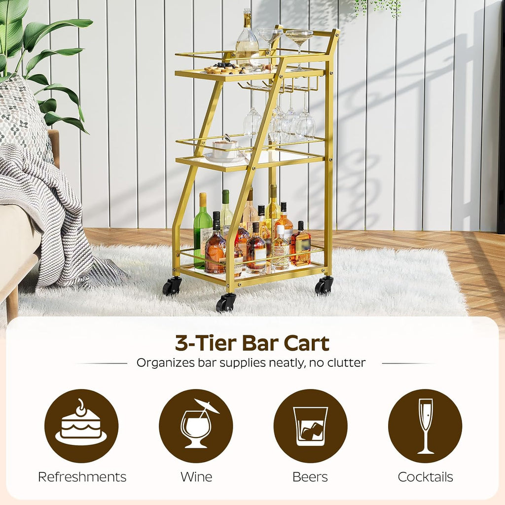 YATINEY Bar Cart, 3-Tier Home Bar Serving Cart with Wheels, Drink Cart with Glass Holder, Beverage Cart, Rolling Kitchen Cart, for Home, Living Room, Transparent and Gold BC03GD
