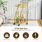 YATINEY Bar Cart, 3-Tier Home Bar Serving Cart with Wheels, Drink Cart with Glass Holder, Beverage Cart, Rolling Kitchen Cart, for Home, Living Room, Transparent and Gold BC03GD