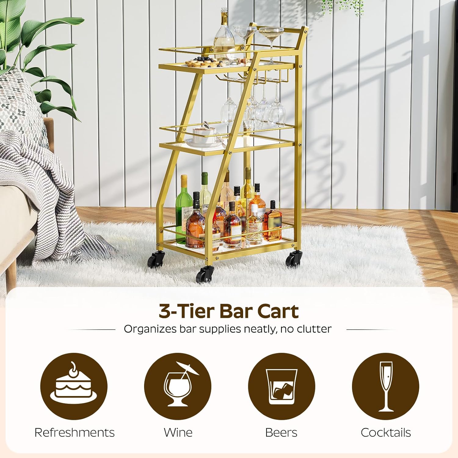 YATINEY Bar Cart, 3-Tier Home Bar Serving Cart with Wheels, Drink Cart with Glass Holder, Beverage Cart, Rolling Kitchen Cart, for Home, Living Room, Transparent and Gold BC03GD
